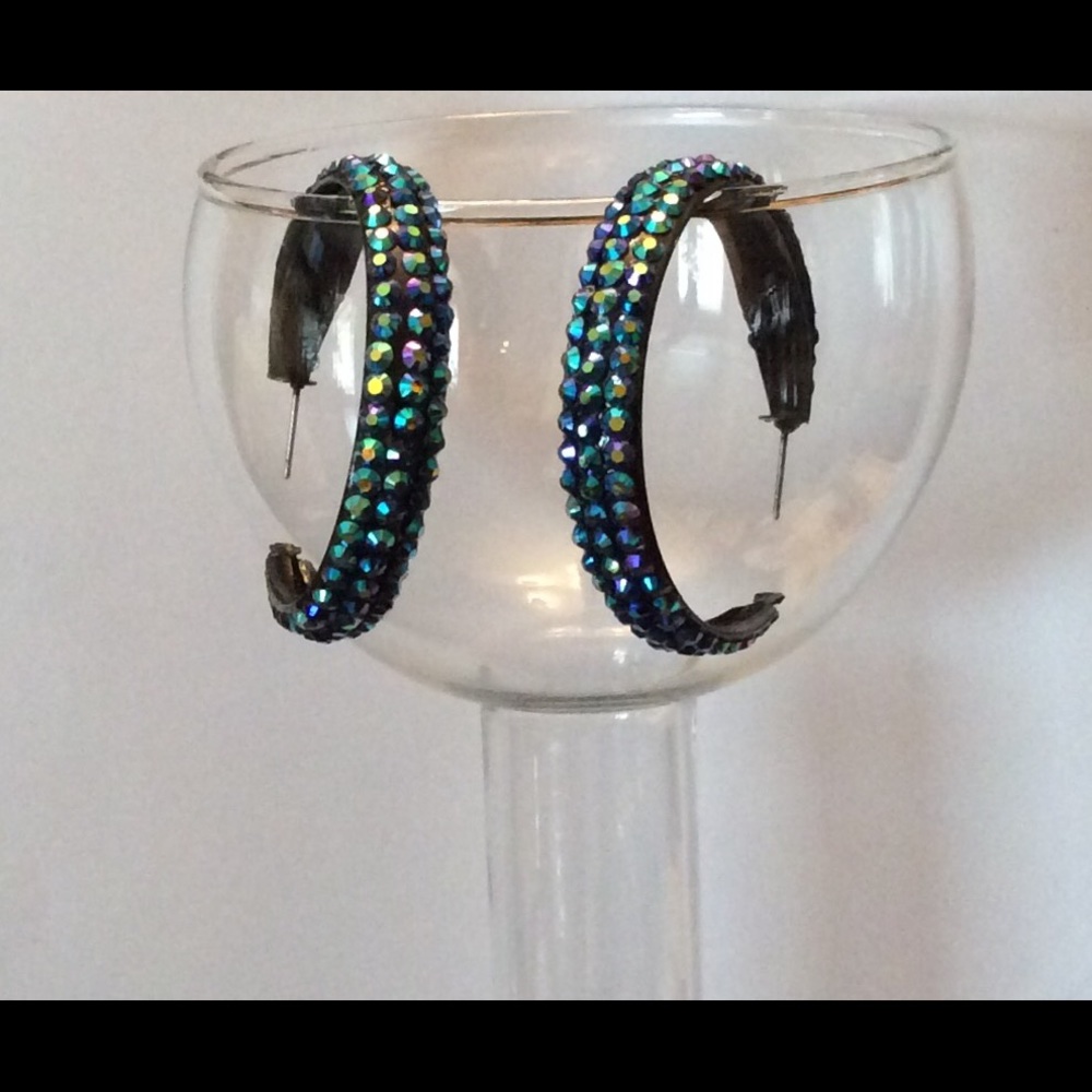 Blue multicolored rhinestone hoops
