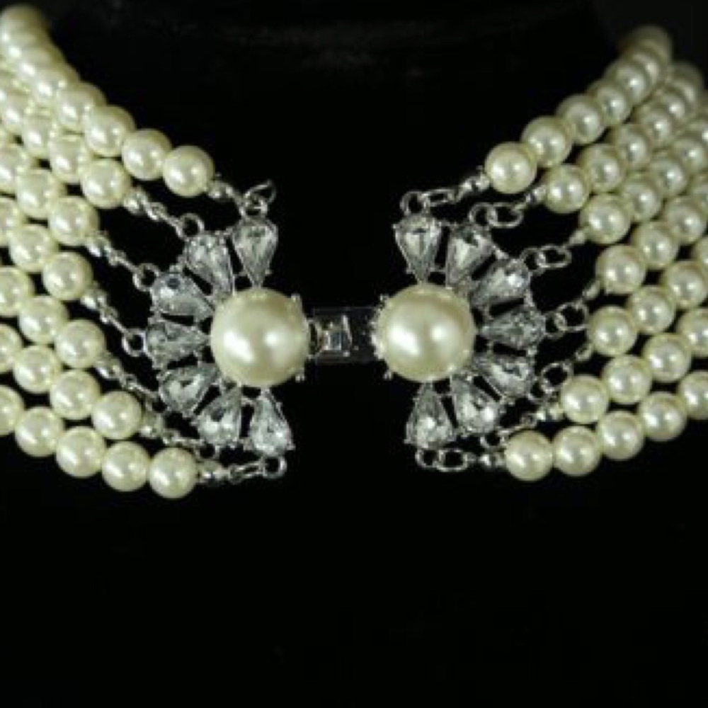 Elegant Pearl Antiqued Crystal Choker Necklace TS - Picture 3 of 4