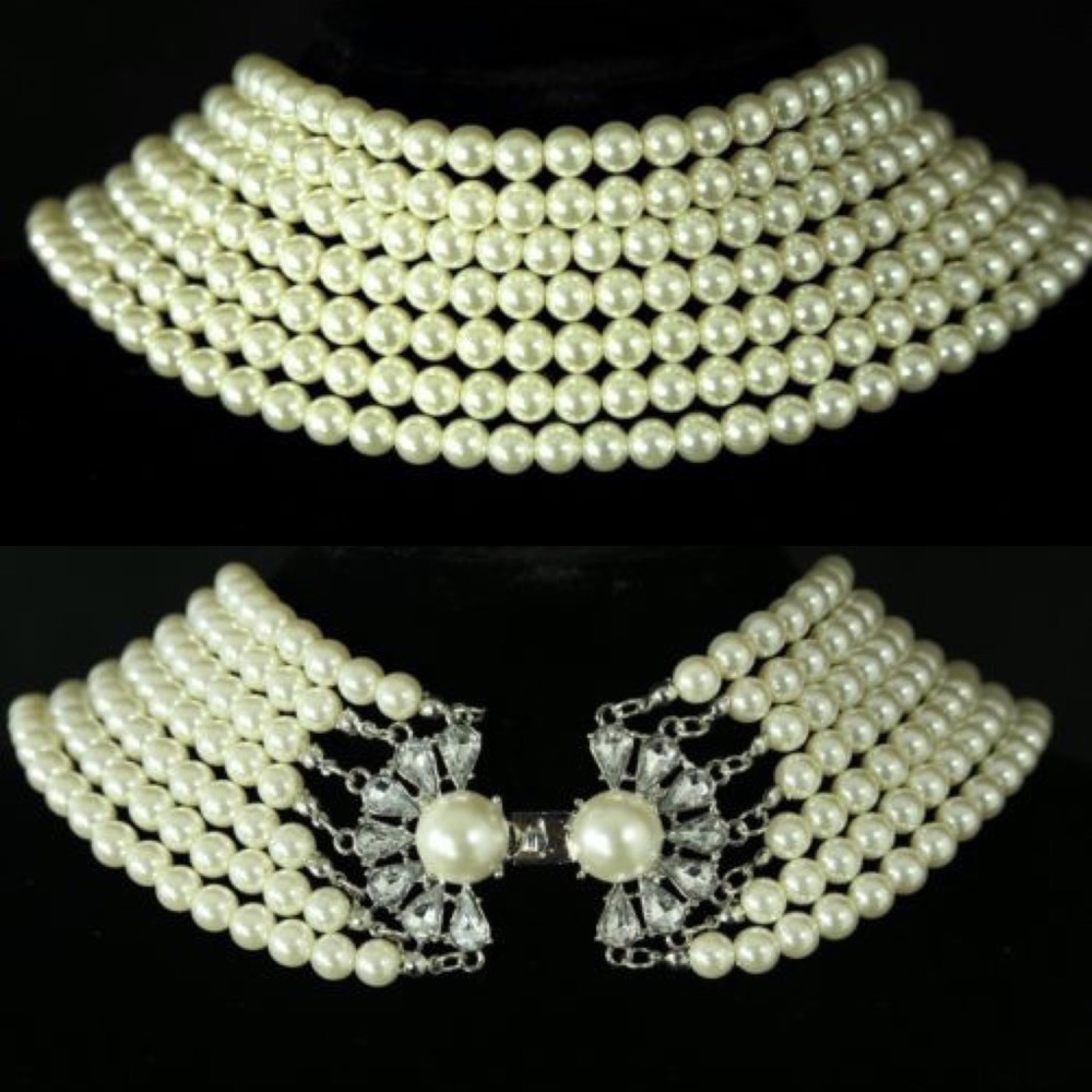 Elegant Pearl Antiqued Crystal Choker Necklace TS - Picture 4 of 4