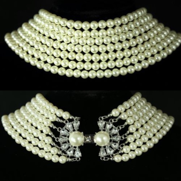 Elegant Pearl Antiqued Crystal Choker Necklace TS - Picture 4 of 4