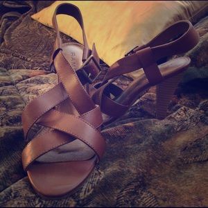 Strappy Brown Stacked Heel Sandals.