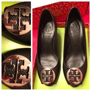Tory Burch Black Peep Toe Wedges