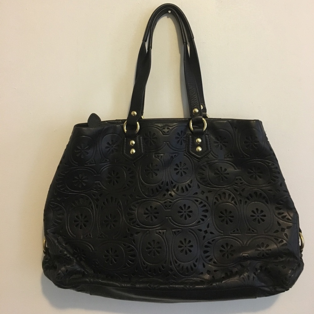 Nwot black coach floral logo cut leather purse