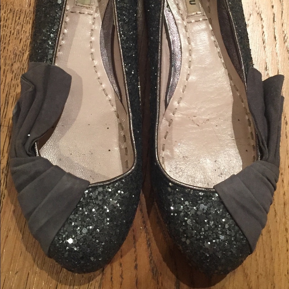 Miu Miu Flats -Anthracite Glitter Suede Tie Ballet