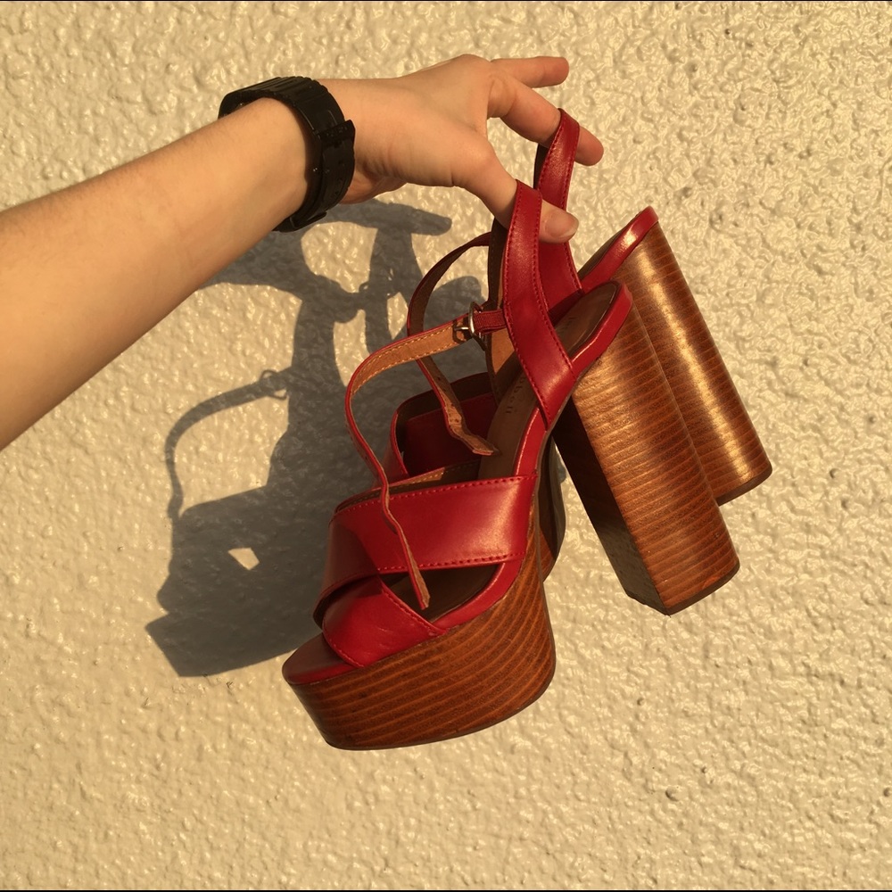 Jeffrey Campbell Red Strappy Wooden Block Heels
