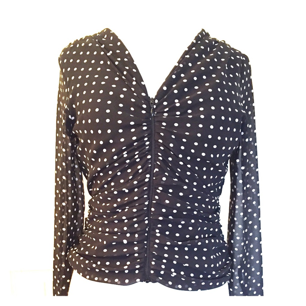 Black polka dot dressy zip up long sleeve top