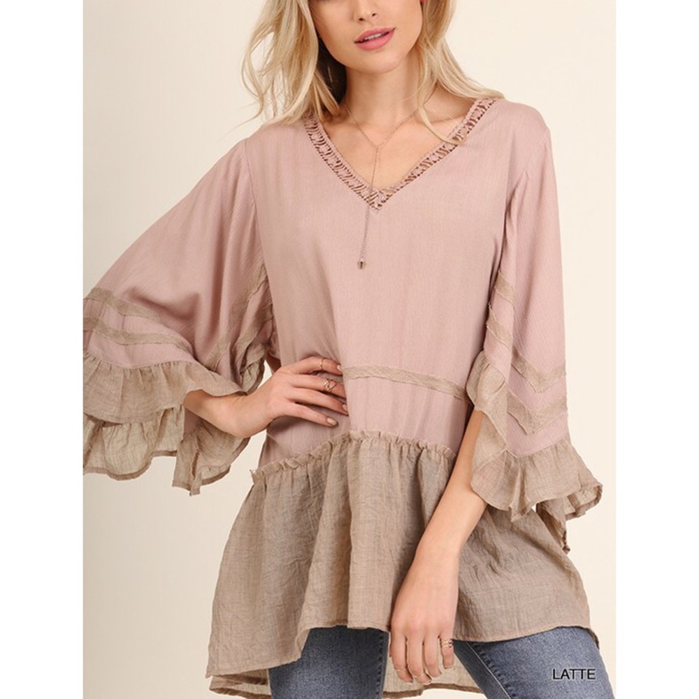 Latte Crochet V Neck Tunic Top - Picture 2 of 4
