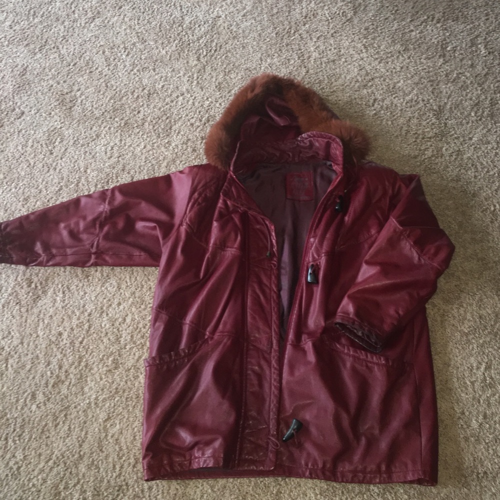 Burgundy leather fur trimmed hood