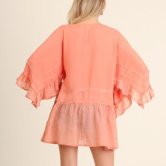 Salmon Crochet V Neck Tunic Top - Picture 3 of 4