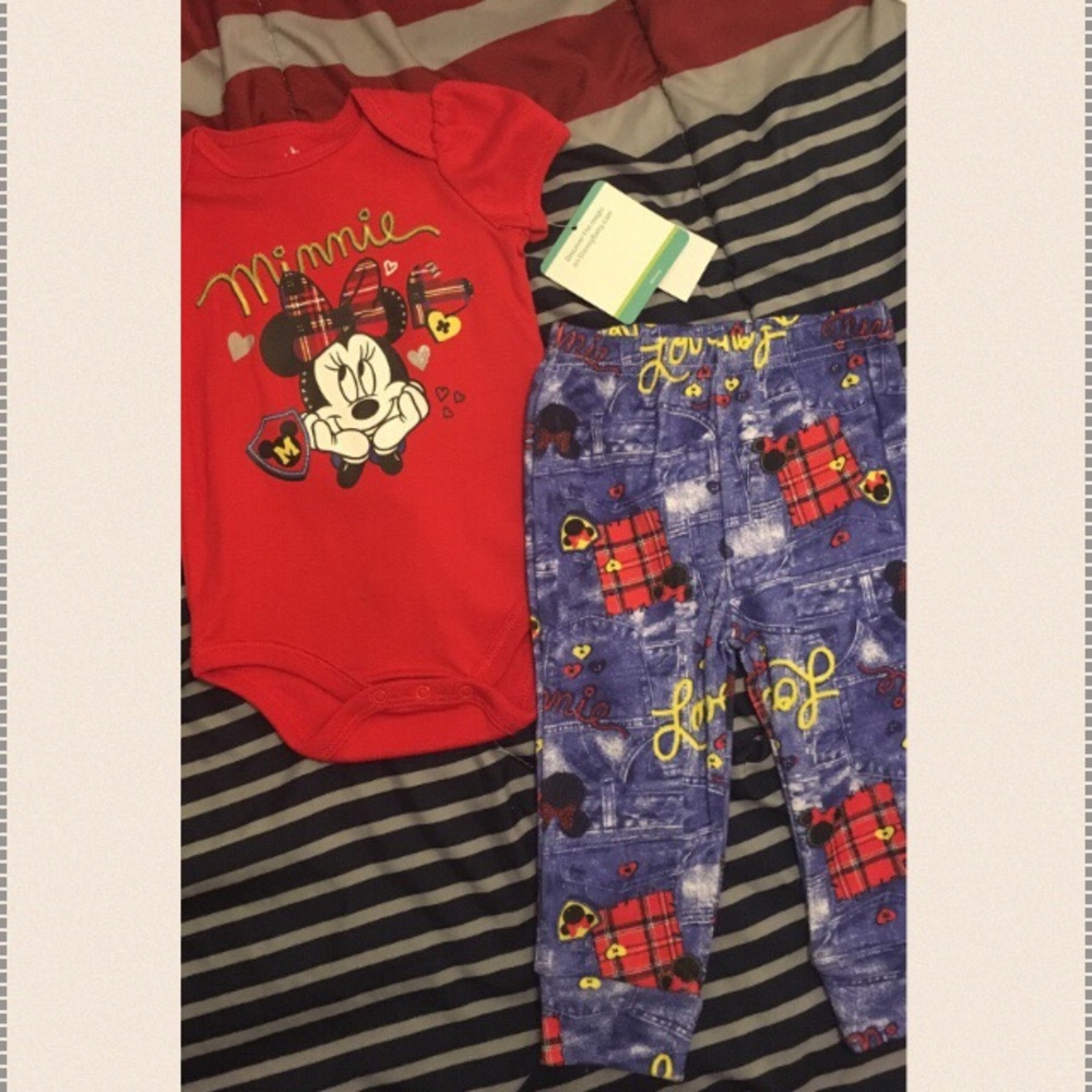 Red minnie mouse onesie & blue, red, &black tights