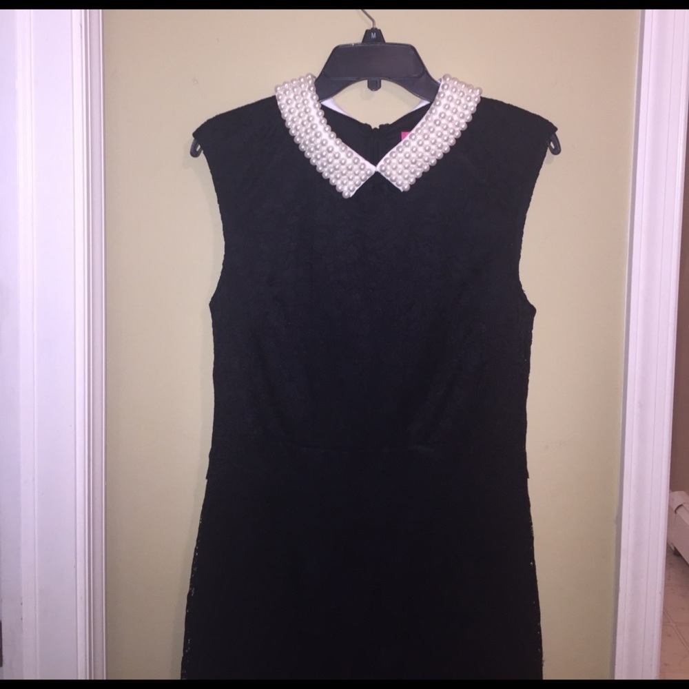 Betsey Johnson black lace dress with pearl collar