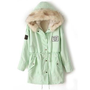 Mint Green Fur Hooded  Fleece Military Coat