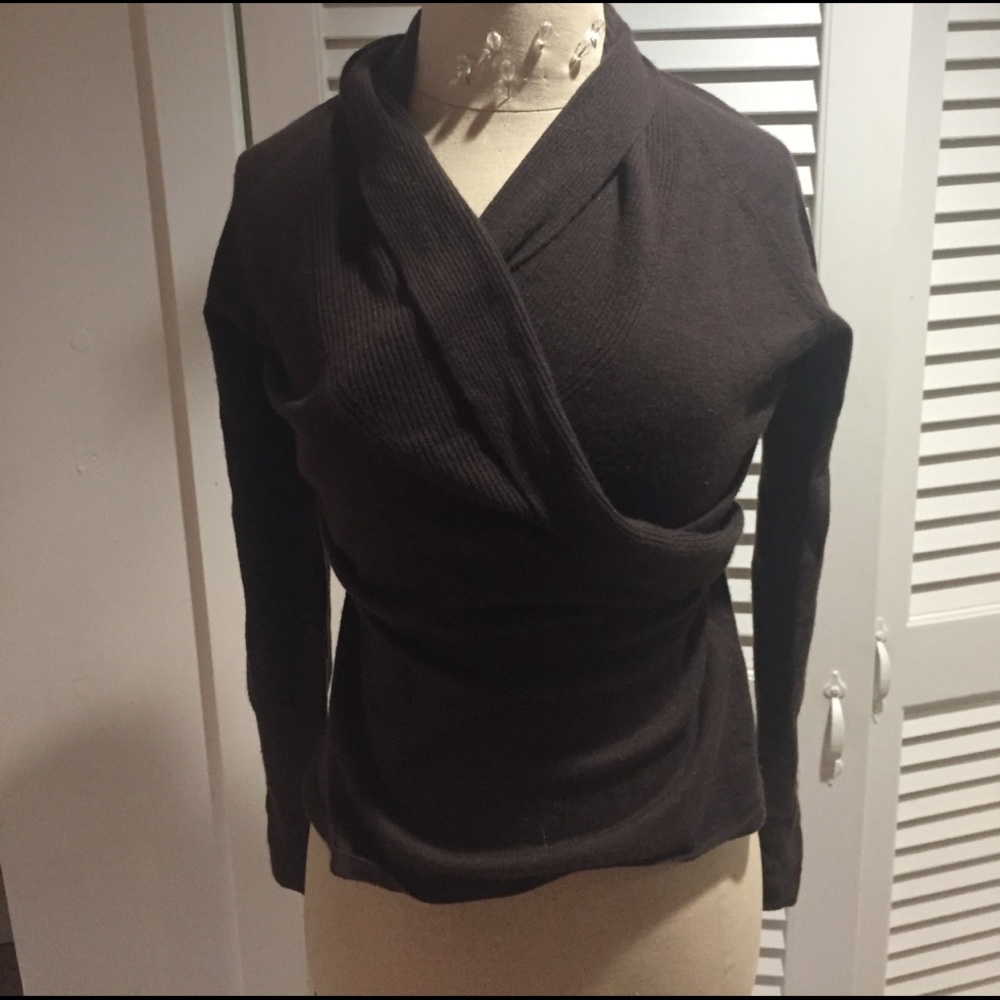 Brown cashmere faux wrap sweater.