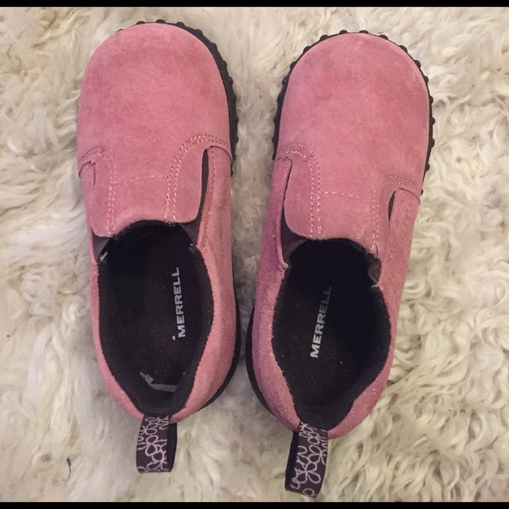 NWOT Merrell pink suede slip ons toddler 9