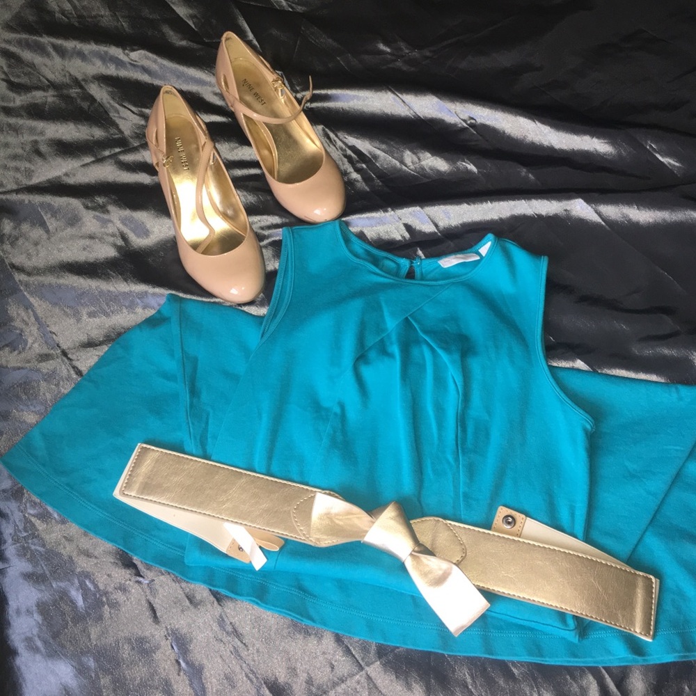 👗BLUE DRESS WITH GOLD BELT 👗 NEW YORK COMPANY
