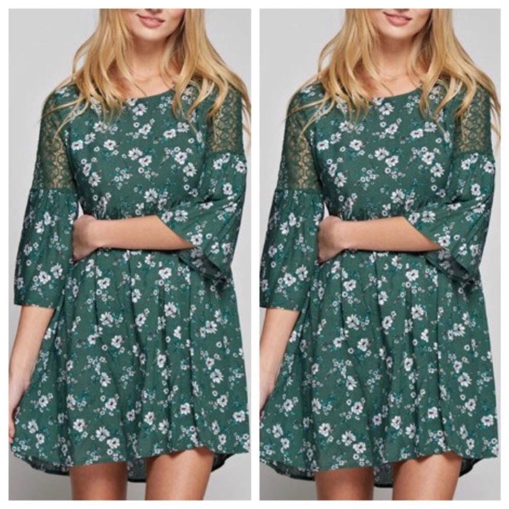 NWT 3/4 SLEEVE FLIRTY GREEN LACE FLORAL DRESS