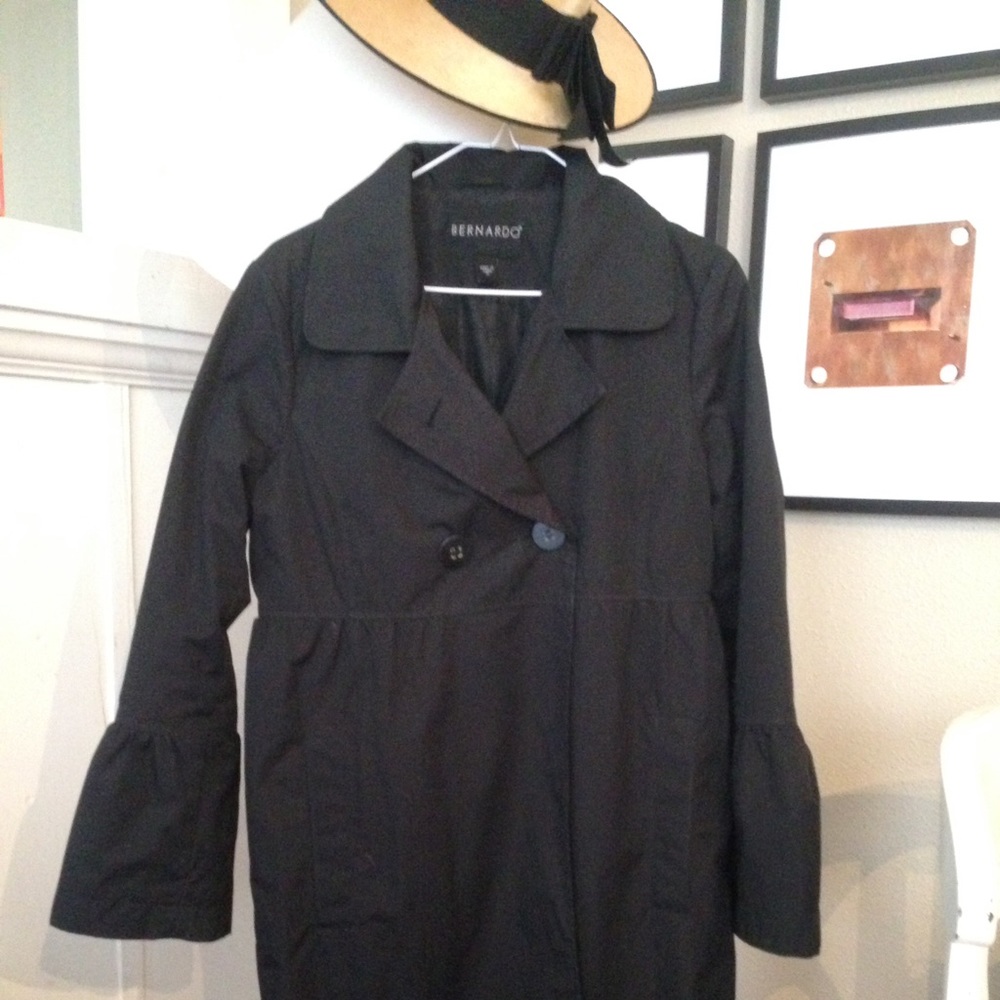 Bernardo long rain trench coat black bell sleeves