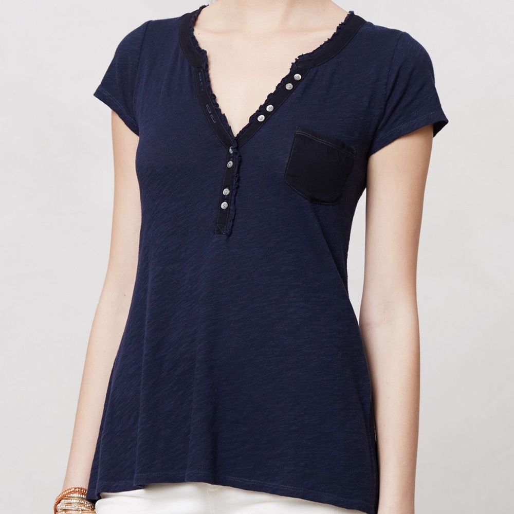 Anthropologie Navy Blue High-Low Henley Tee