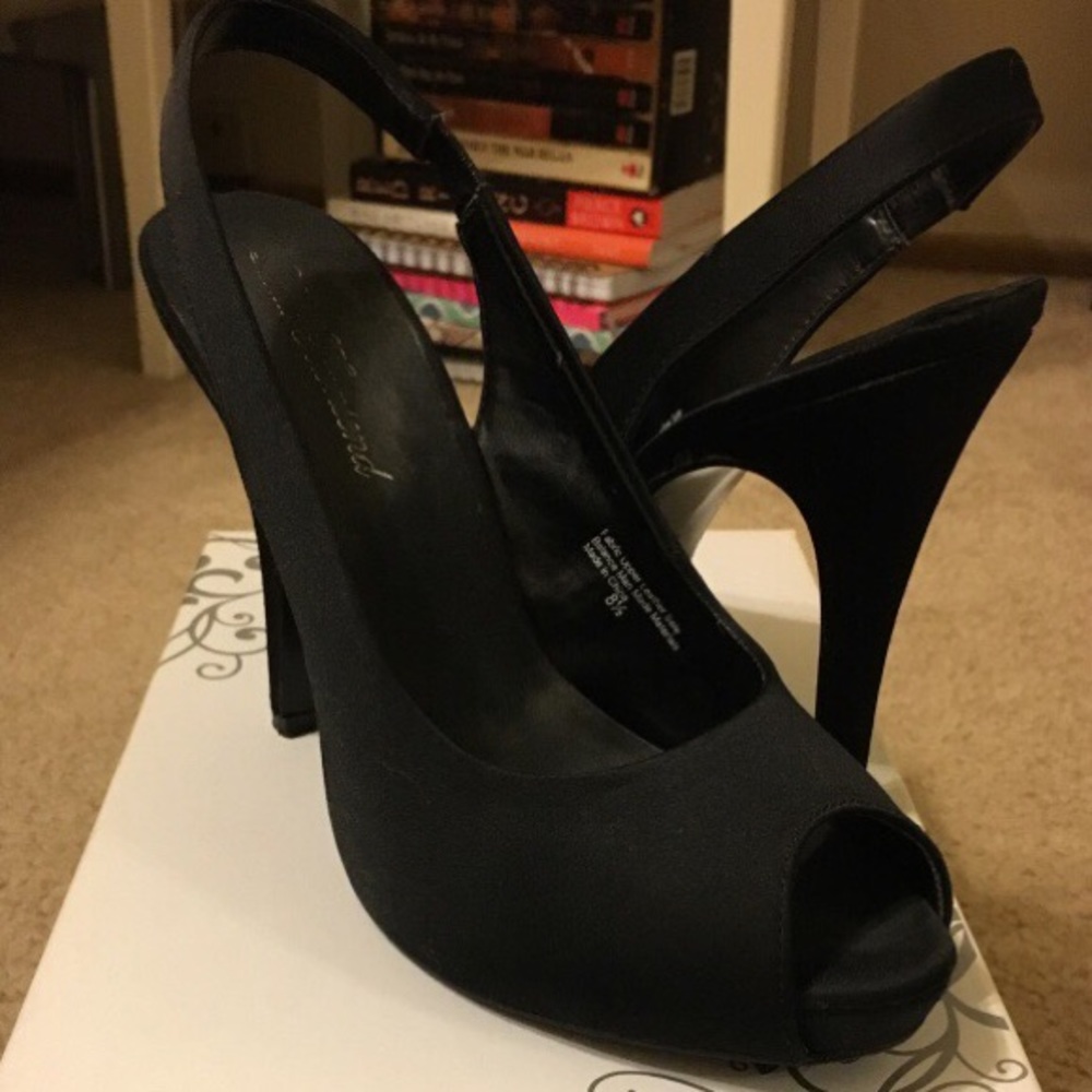 Black satin sling back peep toe heels