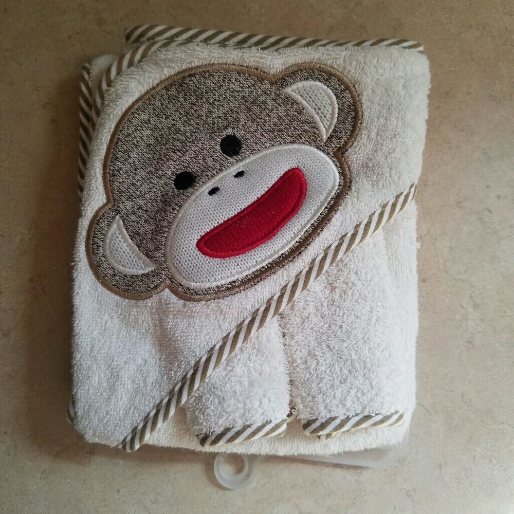 Sock Monkey hooded towel / 2 washcloths set