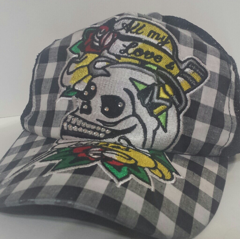 Skull Love Rose Bling Rhinestone Hat Cap