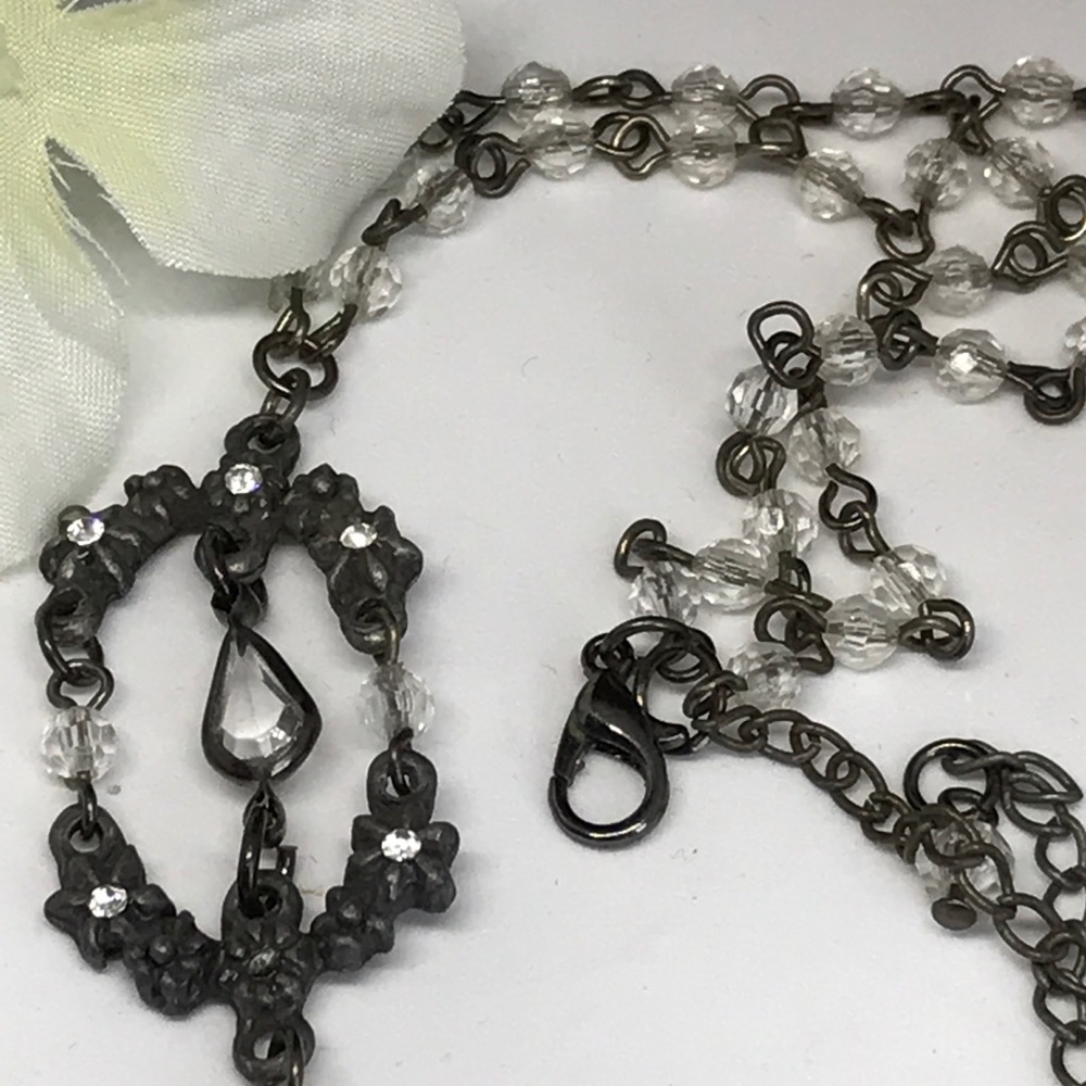 Vintage cast pewter shabby chic crystal necklace