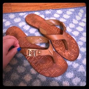 Leather Tory Burch Sandals with Gold Tory emblem