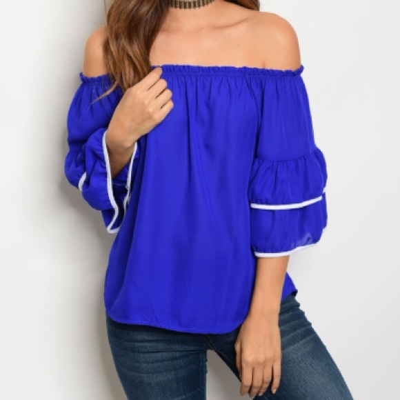 🛍1 SMALL LEFT🛍Blue Off Shoulder Top - Picture 2 of 5