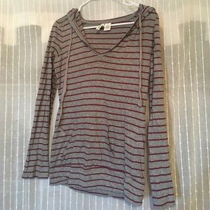 Grey and maroon striped hooded sweater