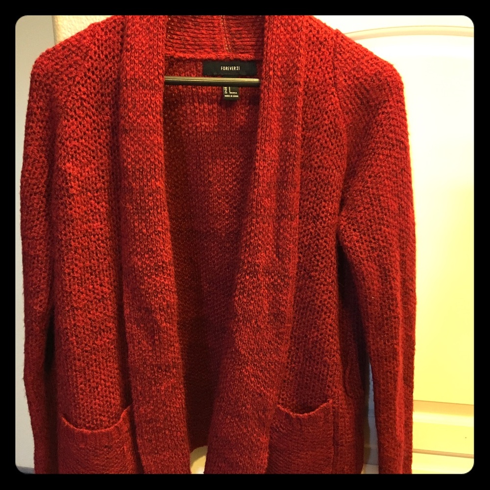 Red cardigan with deep pockets
