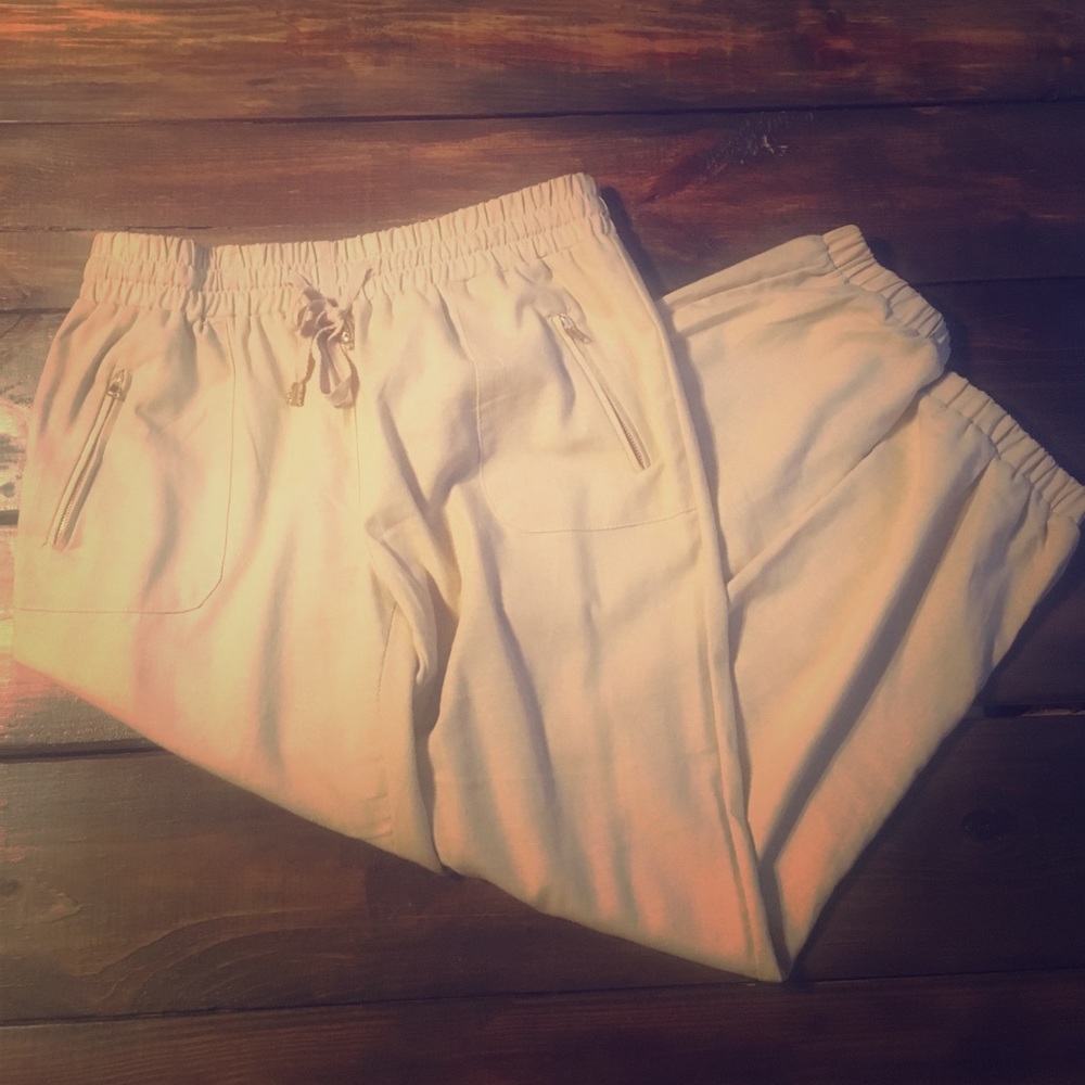 Linen "jogger pants" with gold accents and zippers