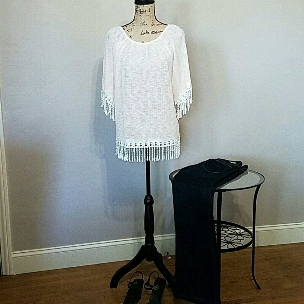 Blushed Pink Woven Top With Lace Hem Size M - Picture 2 of 6