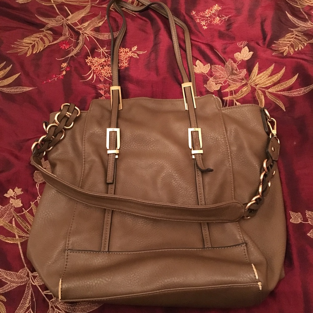 Brown leather book bag purse