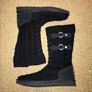 Cable Knit Mid-Calf Black Uggs With Metal Buckles