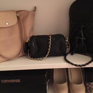 Black leather quilted mini tassel Crossbody