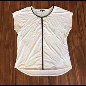 White dolman top with black faux leather stripe