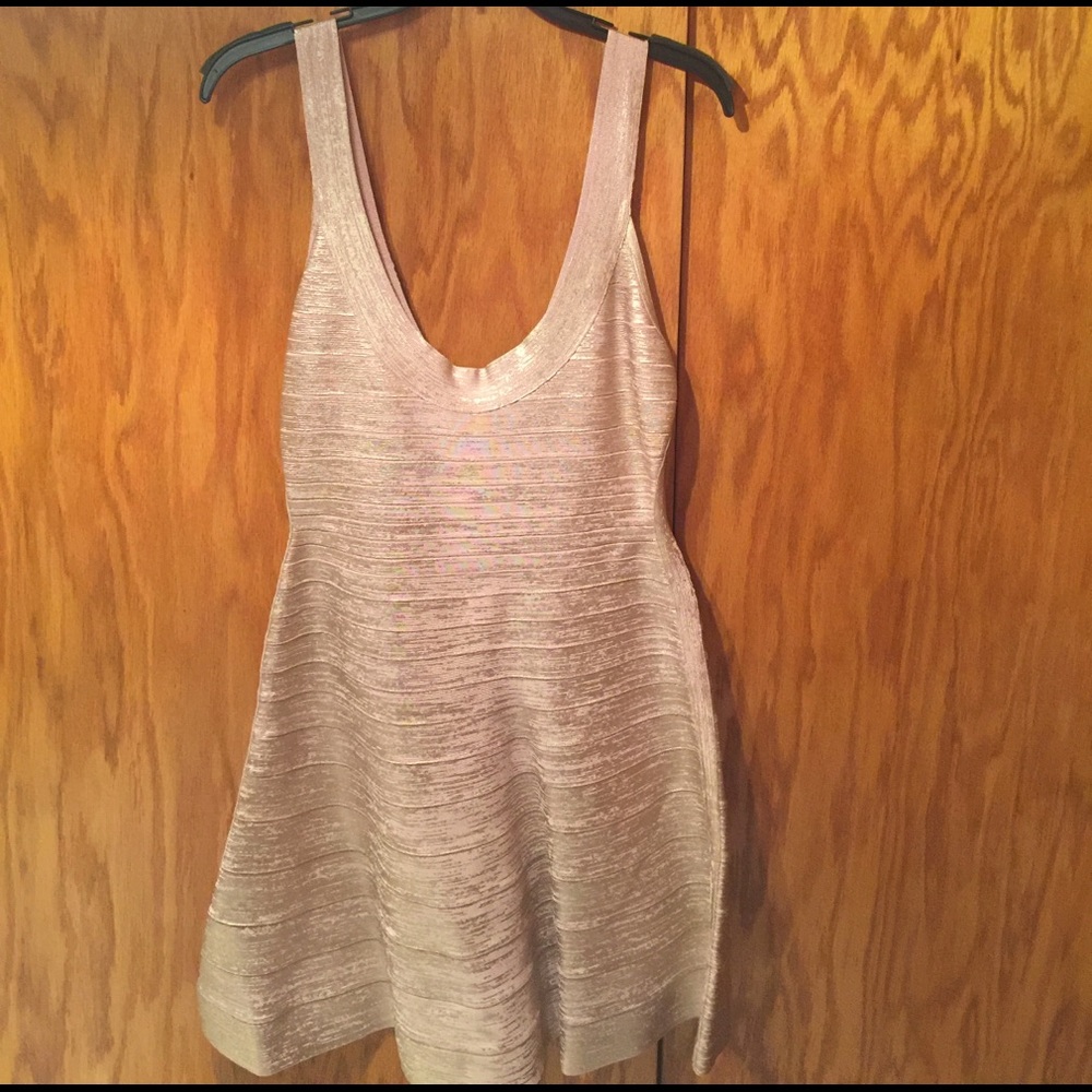 Herve Leger "Eva" rose gold bandage dress