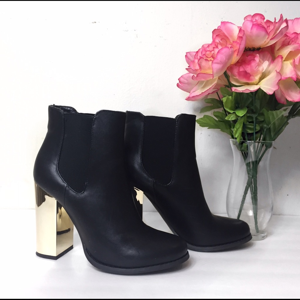Forever21 Black Faux Leather Ankle Boots Gold Heel