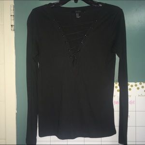 black lace up shirt