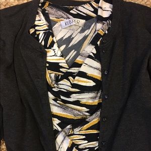 Kasper drape front blouse blue yellow cream size L