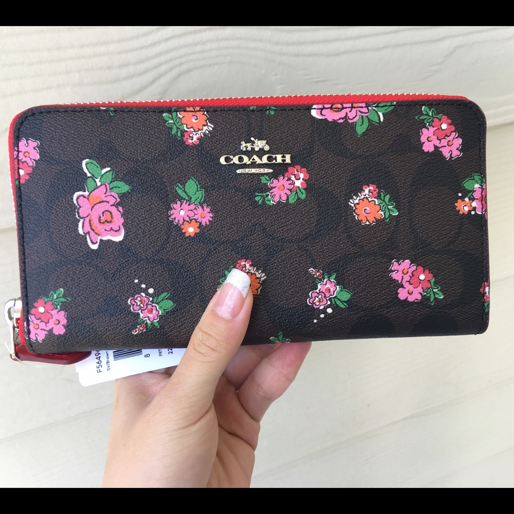 COACH Floral Brown Red Zip Around Wallet F56496