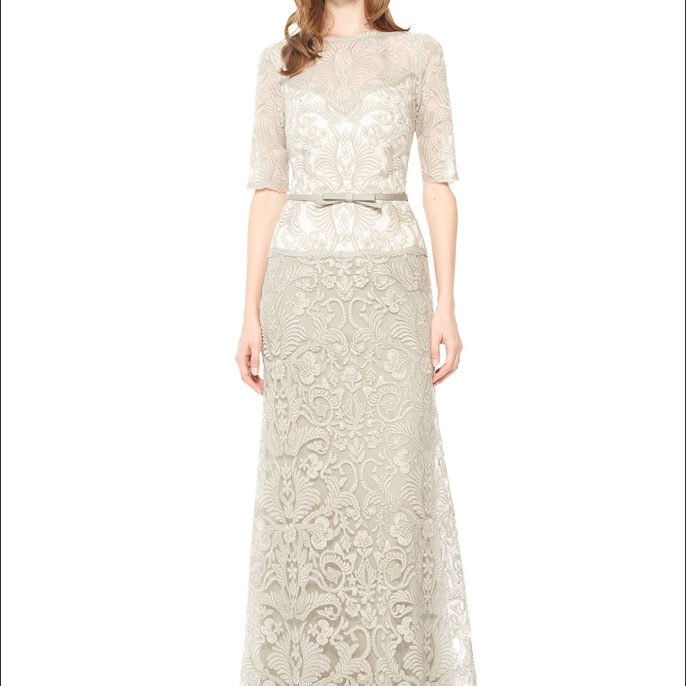 NWT Tadashi Shoji Corded Embroidery on Tulle Gown SZ 6 Latte/Pumice MSRP $548.00