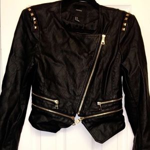 Black Leather Jacket with Beaded Shoulders.