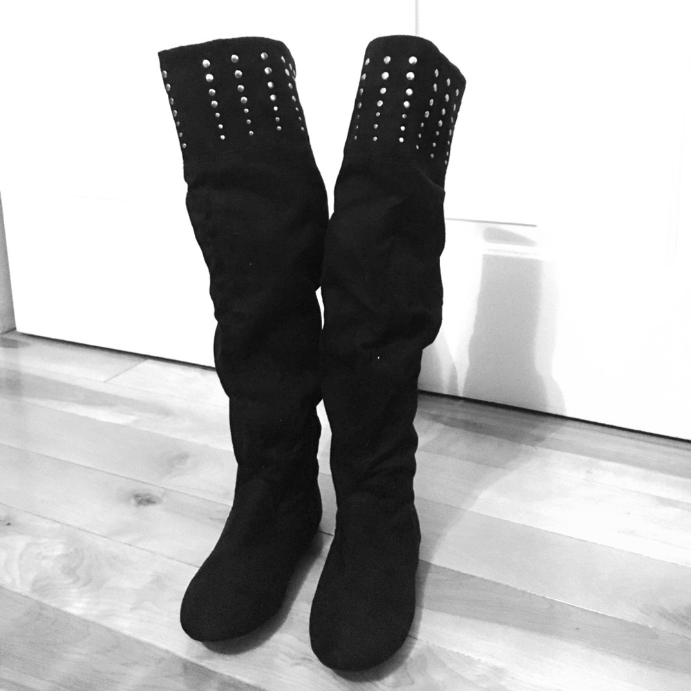 Black Studded Suede Tall Boots
