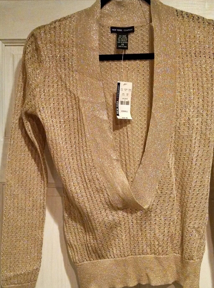 NWT Shimmery Gold Lightweight Deep V Sweater