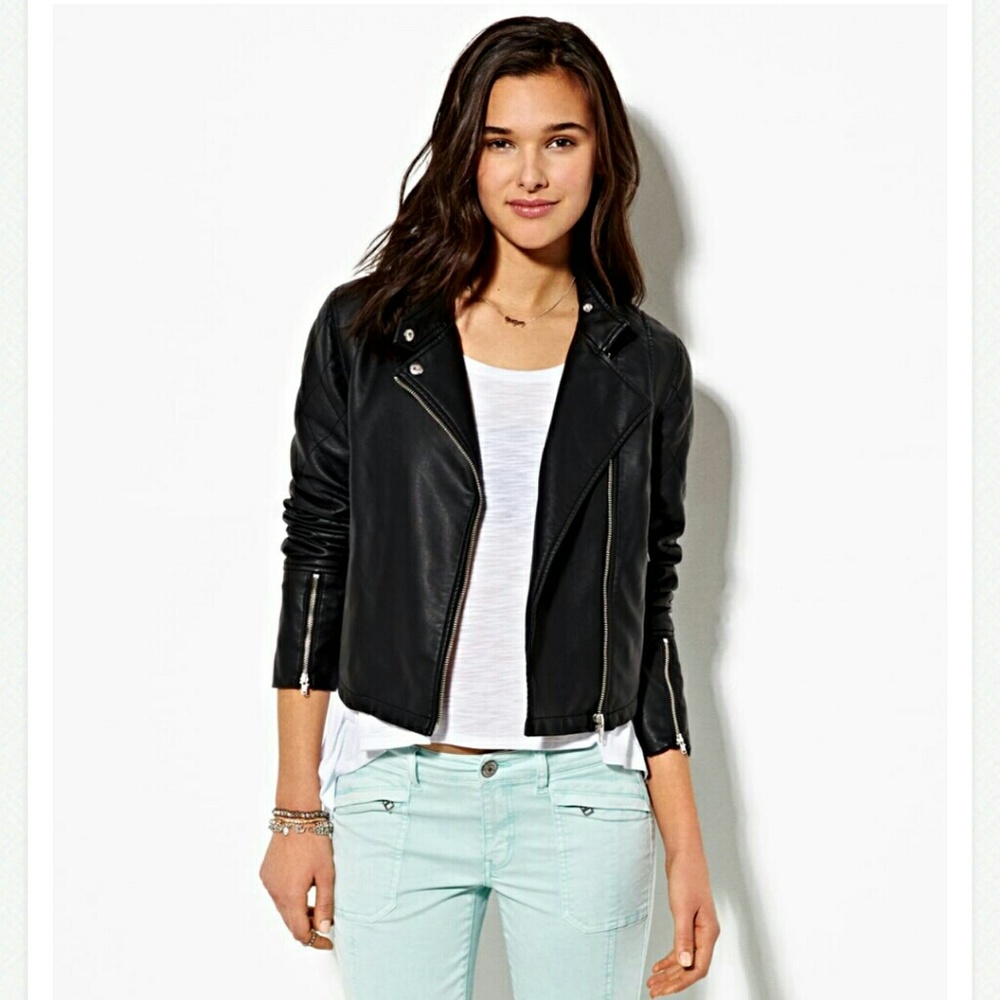 American Eagle Cropped Vegan Leather Moto Jacket