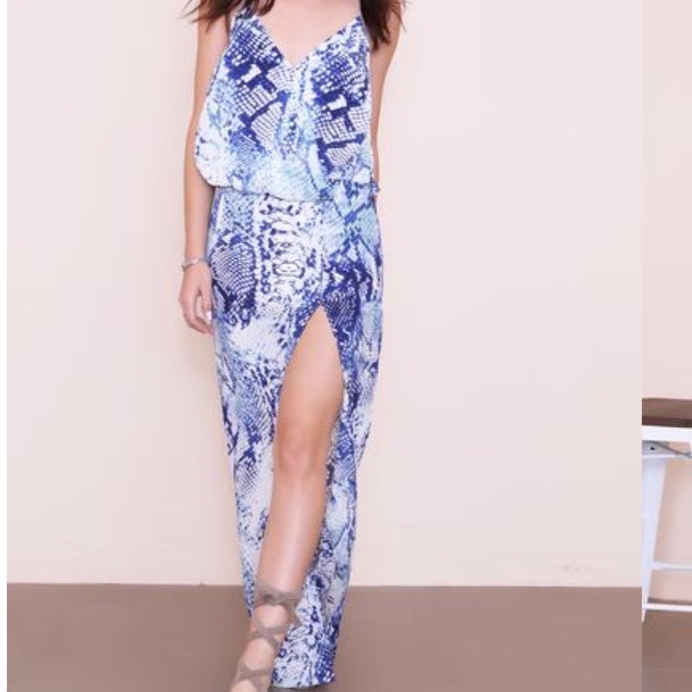 blue snakeskin maxi dress with slit