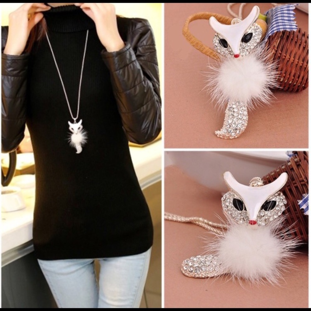 White Fox Rhinestone Long Necklace - Picture 2 of 3
