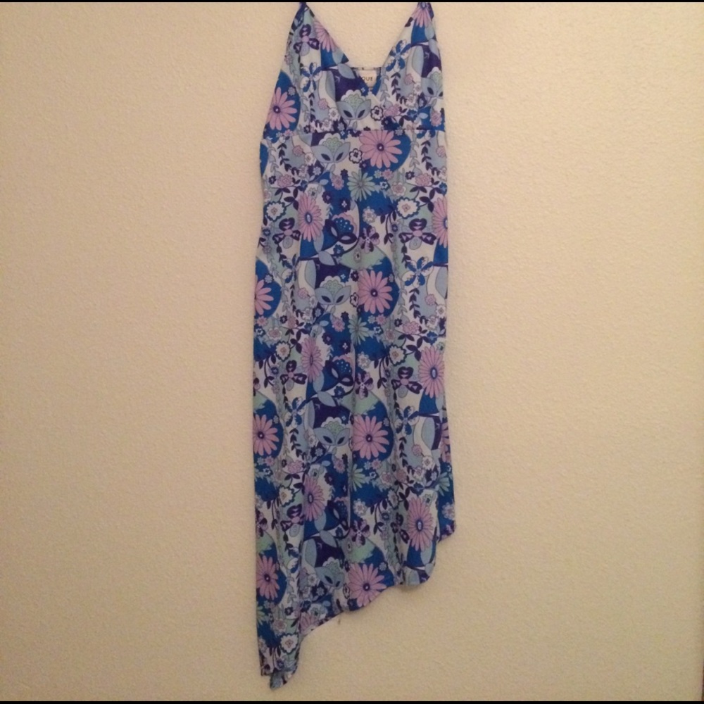 Spaghetti strap floral dress w/ asymmetrical hem