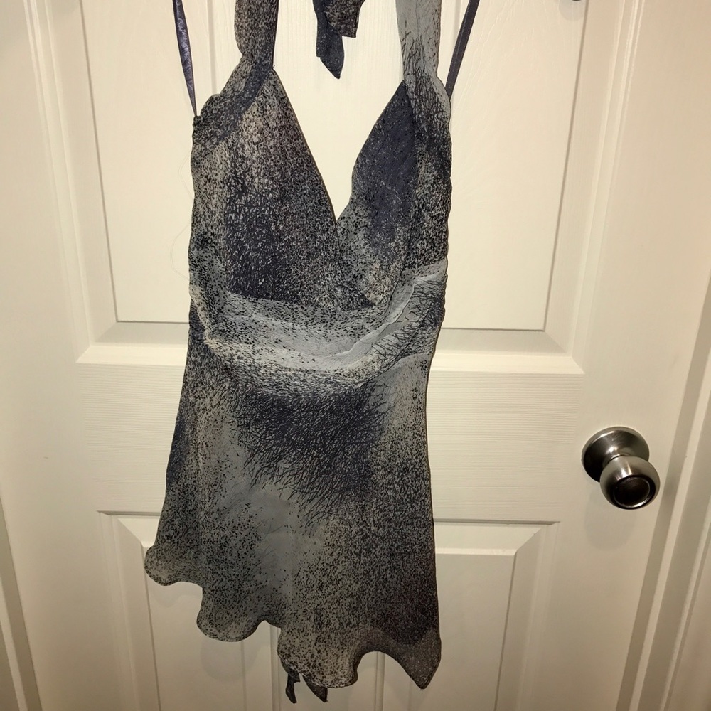 BCBG navy and gray silk type chiffon halter